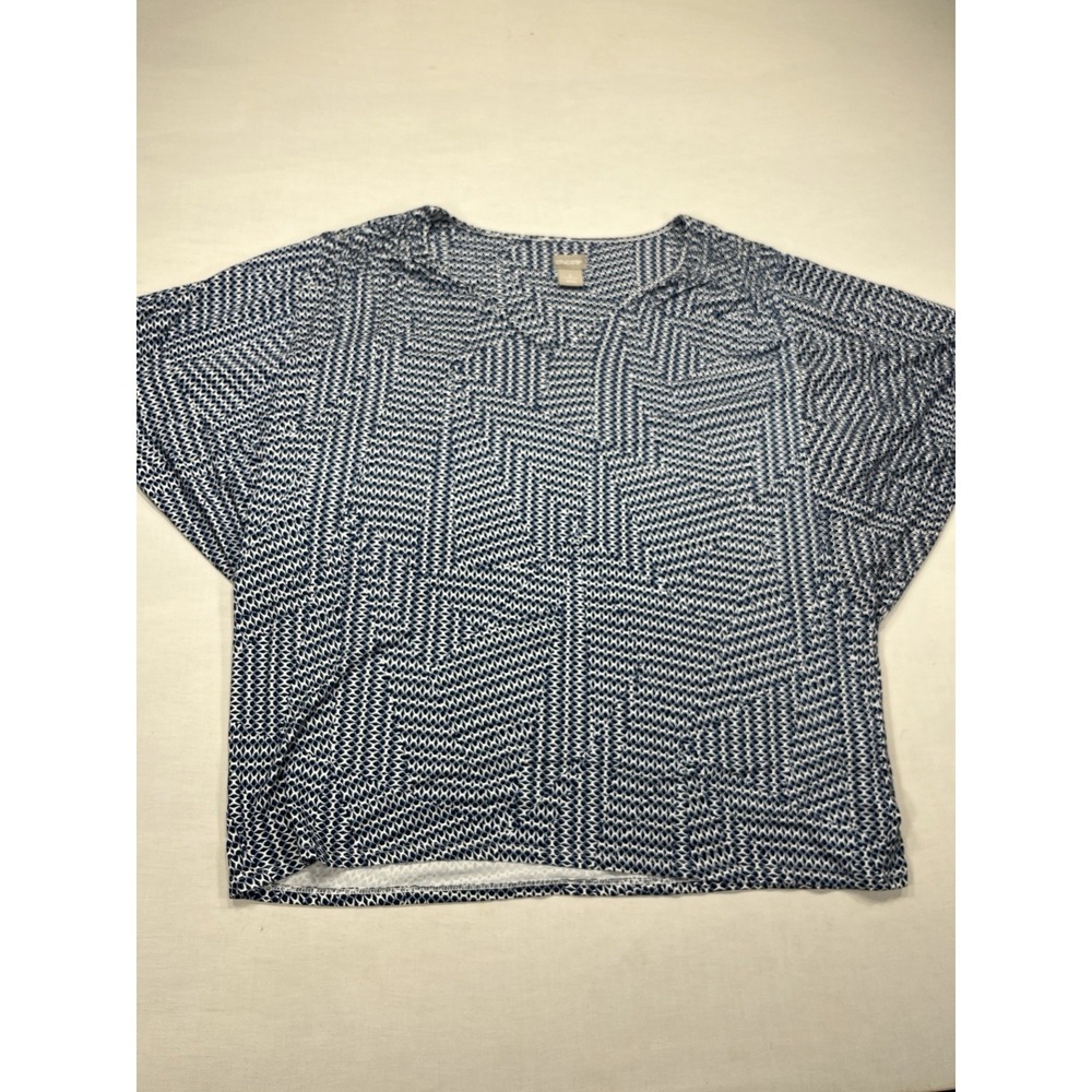 Chico's Women's Top Size 3 (XL) Blue White Geometric Print Short Sleeve‎ Blouse